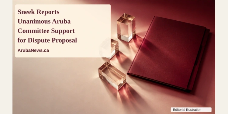 Sneek Reports Unanimous Aruba Committee Support for Dispute Proposal Conceptual illustration of three clear glass blocks beside a blank burgundy folder on ivory, not an actual parliamentary document, with the article headline, ArubaNews.ca branding and editorial-illustration label.