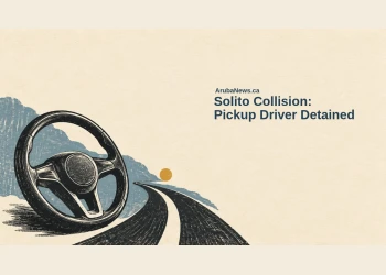 Conceptual woodblock editorial illustration of a plain steering wheel and abstract road bands, with the Solito collision headline and ArubaNews.ca branding; not the actual collision, arrest or evidence of fault.