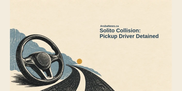 Conceptual woodblock editorial illustration of a plain steering wheel and abstract road bands, with the Solito collision headline and ArubaNews.ca branding; not the actual collision, arrest or evidence of fault.