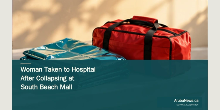 Woman Taken to Hospital After Collapsing at South Beach Mall Conceptual editorial illustration of an emergency response bag and folded blanket, with no patient shown; not a documentary image of South Beach Mall.