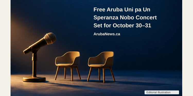 Conceptual illustration of an unbranded tabletop microphone and two empty chair models against a navy backdrop, not the actual concert venue, with the article headline, ArubaNews.ca branding and editorial-illustration label.