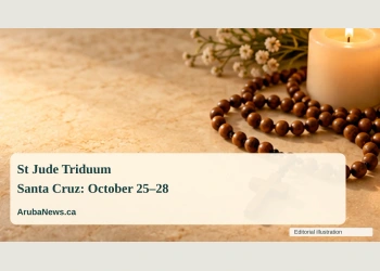 Conceptual editorial illustration of a simple rosary and softly glowing candle on a quiet cream stone surface; not a documentary photograph of the people, venue or event.