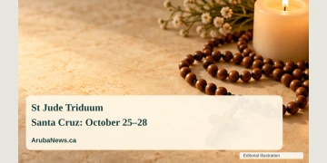 Santa Cruz Parish Announces St Jude Triduum and Feast Schedule Conceptual editorial illustration of a simple rosary and softly glowing candle on a quiet cream stone surface; not a documentary photograph of the people, venue or event.