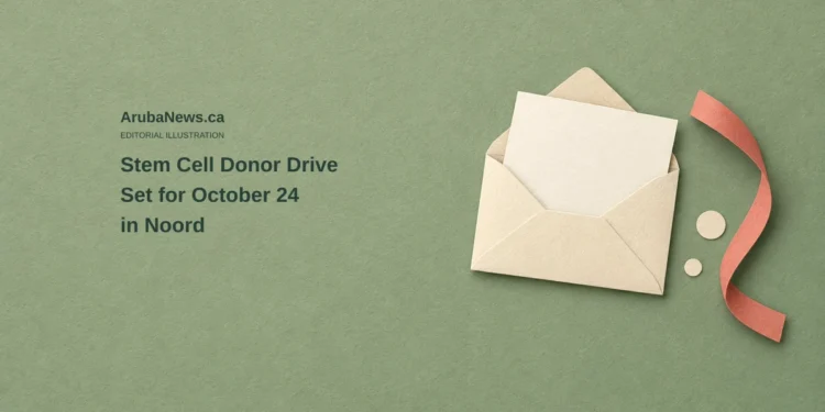 Conceptual editorial illustration of a blank ivory card in an open envelope beside a coral paper ribbon on sage-green paper, with the headline Stem Cell Donor Drive Set for October 24 in Noord and ArubaNews.ca branding.
