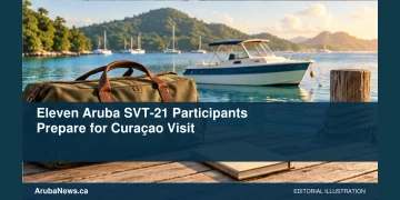 Eleven Aruba SVT-21 Participants Prepare for Curaçao Visit Conceptual editorial illustration: Plain unbranded travel duffel bag and blank notebook on a dock overlooking a small generic vessel in a Caribbean harbour, morning light, olive and blue, no people, insignia, weaponry, text or exact real ship. Not a photograph of the actual event, people or location.