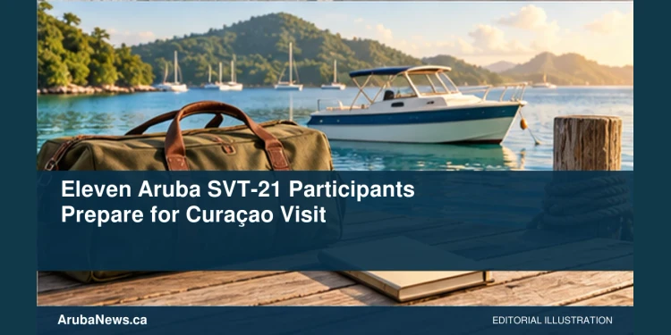 Eleven Aruba SVT-21 Participants Prepare for Curaçao Visit Conceptual editorial illustration: Plain unbranded travel duffel bag and blank notebook on a dock overlooking a small generic vessel in a Caribbean harbour, morning light, olive and blue, no people, insignia, weaponry, text or exact real ship. Not a photograph of the actual event, people or location.