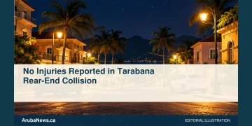 Conceptual editorial illustration: A quiet generic Caribbean intersection at night with two small unmarked cars safely separated, warm road lighting, wide low angle, no damage, people, lettering or actual scene. Not a photograph of the actual event, people or location.