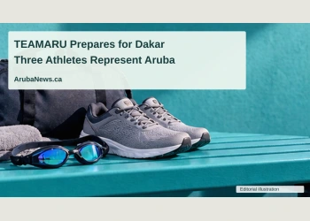 Conceptual editorial illustration of swimming goggles beside running shoes and a plain travel bag on a bright turquoise bench, low perspective, no people, flags or Olympic symbols; not a documentary photograph of the people, venue or event.