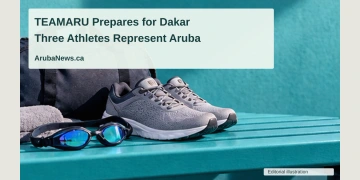 Conceptual editorial illustration of swimming goggles beside running shoes and a plain travel bag on a bright turquoise bench, low perspective, no people, flags or Olympic symbols; not a documentary photograph of the people, venue or event.