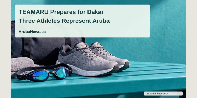 TEAMARU Names Three Athletes and Flag Bearers for Dakar 2026 Conceptual editorial illustration of swimming goggles beside running shoes and a plain travel bag on a bright turquoise bench, low perspective, no people, flags or Olympic symbols; not a documentary photograph of the people, venue or event.