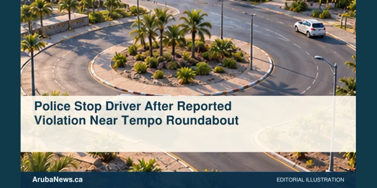 Conceptual editorial illustration of generic unmarked car beside an empty tropical roundabout with distant unmarked patrol vehicle, aerial angle, no real landmarks, people, plates, official insignia or writing. Not a photograph of the actual incident or location.