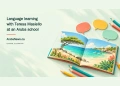 Conceptual editorial illustration of a wordless picture book and colored pencils, representing multilingual learning rather than the actual book cover.