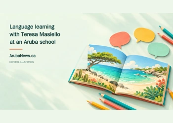 Conceptual editorial illustration of a wordless picture book and colored pencils, representing multilingual learning rather than the actual book cover.