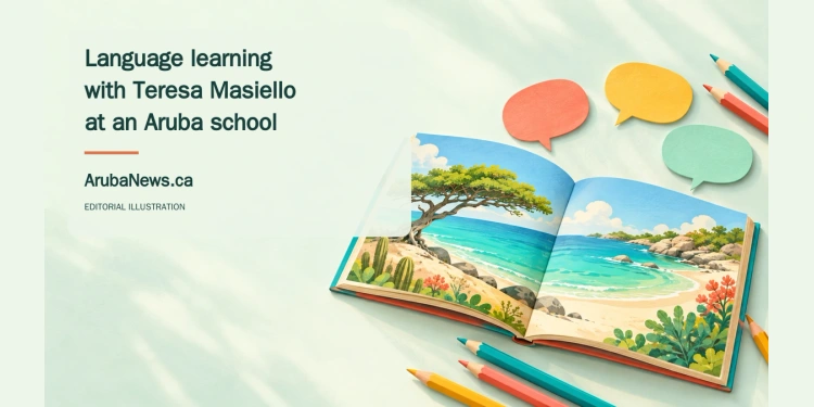 Conceptual editorial illustration of a wordless picture book and colored pencils, representing multilingual learning rather than the actual book cover.