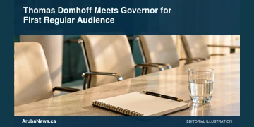 Conceptual editorial illustration: Empty formal meeting chairs, plain notebook and water glass in an airy cream and teal interior, diagonal composition; no people, actual government office, flags, seals, logos or text. Not a photograph of the reported people or event.
