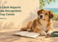 Conceptual editorial illustration, not the actual dog or training centre: a calm mixed-breed dog beside a blank notebook and woven leash on a sunny terrace, with the Tito Laclé headline and ArubaNews.ca branding.