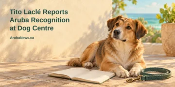 Conceptual editorial illustration, not the actual dog or training centre: a calm mixed-breed dog beside a blank notebook and woven leash on a sunny terrace, with the Tito Laclé headline and ArubaNews.ca branding.