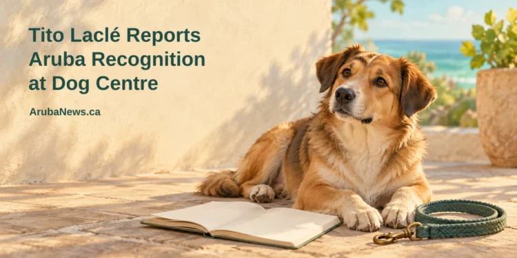 Conceptual editorial illustration, not the actual dog or training centre: a calm mixed-breed dog beside a blank notebook and woven leash on a sunny terrace, with the Tito Laclé headline and ArubaNews.ca branding.