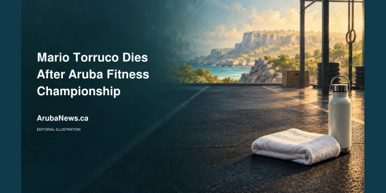 Mario Torruco Dies After Aruba Fitness Championship Editorial illustration of an empty fitness lane with a towel and water bottle; not the actual championship venue. Headline and ArubaNews.ca branding.
