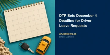 Editorial illustration of a blank calendar, car key and yellow model taxi on a turquoise desk, with the DTP driver leave-request headline and ArubaNews.ca branding.