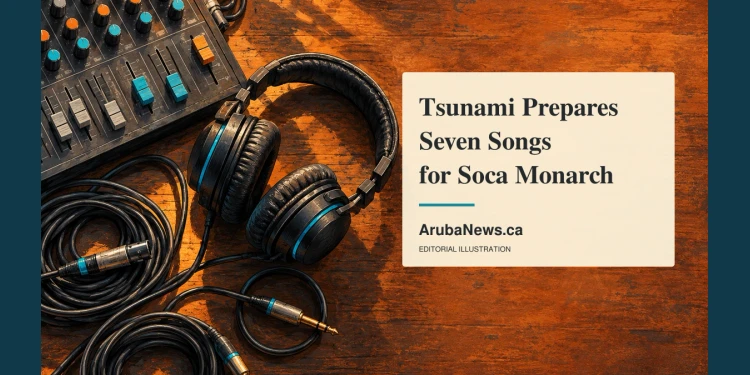Tsunami Prepares Seven Songs for Soca Monarch Gouache editorial illustration of studio headphones, audio cables and a mixing desk on a copper-coloured table, with Tsunami’s Soca Monarch preparation headline and ArubaNews.ca branding.