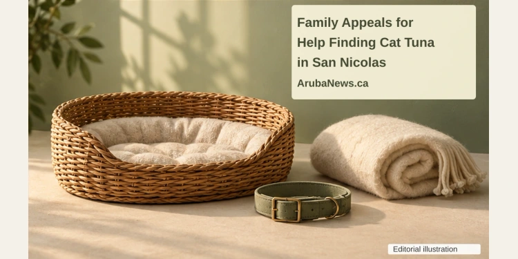Conceptual editorial illustration of an empty wicker pet basket, plain collar and rolled blanket, with the article headline and ArubaNews.ca branding; not a photograph of missing cat Tuna.