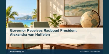 Governor Receives Radboud President Alexandra van Huffelen Conceptual editorial illustration: Two empty formal meeting chairs beside blank academic notebooks and a plain globe in an airy Caribbean office, sage and ivory palette, side view, no people, real buildings, flags, logos or lettering. Not a photograph of the actual event, people or location.