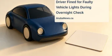 Conceptual editorial illustration of an unbranded model car and a blank inspection card, with the article headline and ArubaNews.ca branding; not an actual police stop.