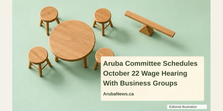 Conceptual editorial still life of four wooden stools around a round table with an unmarked balance beam, overlaid with the article headline and ArubaNews.ca branding.