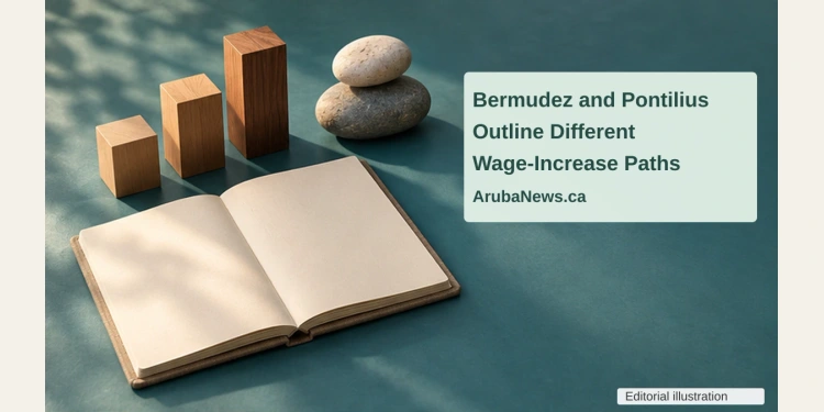 Conceptual editorial illustration of three rising wooden blocks, two balanced stones and a blank ledger on a teal desk, with the article headline and ArubaNews.ca branding.
