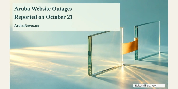 Conceptual illustration of separate translucent glass panels linked by a plain gold ribbon on an aqua tabletop, not an actual website or evidence of a cyberattack, with the article headline, ArubaNews.ca branding and editorial-illustration label.