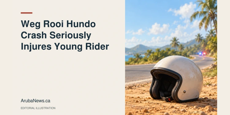 Conceptual editorial illustration of a scooter helmet beside a Caribbean road with distant emergency lights; not a photograph of the Weg Rooi Hundo crash.