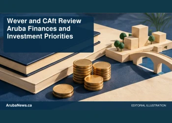 Conceptual editorial illustration: A neutral public-finance still life with blank budget ledgers, unmarked coins and a small geometric infrastructure model, navy and cream, high-angle composition. No invented graphs, figures, official seals or text. Not a photograph of the actual event, people or location.