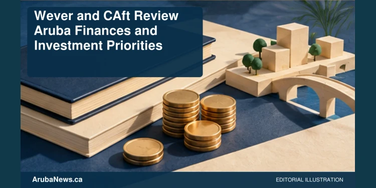 Wever and CAft Review Aruba Finances and Investment Priorities Conceptual editorial illustration: A neutral public-finance still life with blank budget ledgers, unmarked coins and a small geometric infrastructure model, navy and cream, high-angle composition. No invented graphs, figures, official seals or text. Not a photograph of the actual event, people or location.