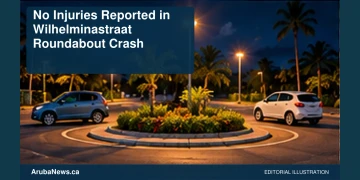 Conceptual editorial illustration: Two generic compact cars parked with safe separation beside a small Caribbean roundabout at night, amber street lamps and deep teal sky, wide eye-level composition. Not a photograph of the actual people, event or location.