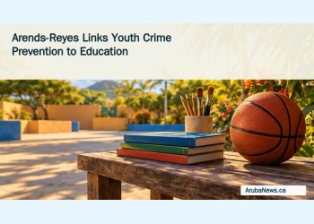 Conceptual editorial illustration of a basketball, schoolbooks and pencils beside an empty Caribbean school sports court.
