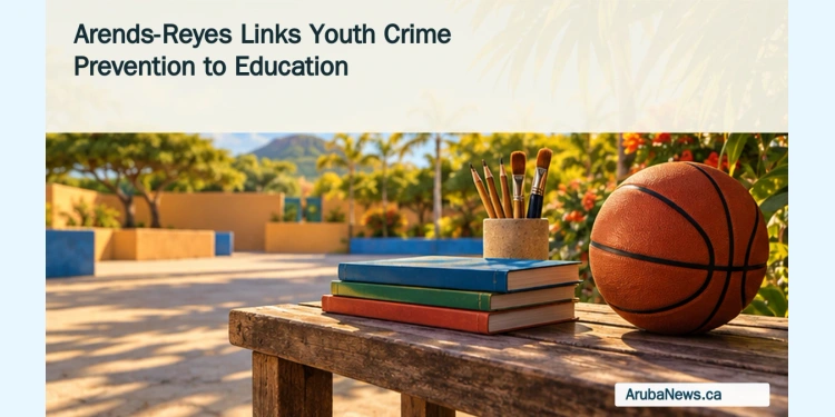 Arends-Reyes Links Youth Crime Prevention to Education Conceptual editorial illustration of a basketball, schoolbooks and pencils beside an empty Caribbean school sports court.